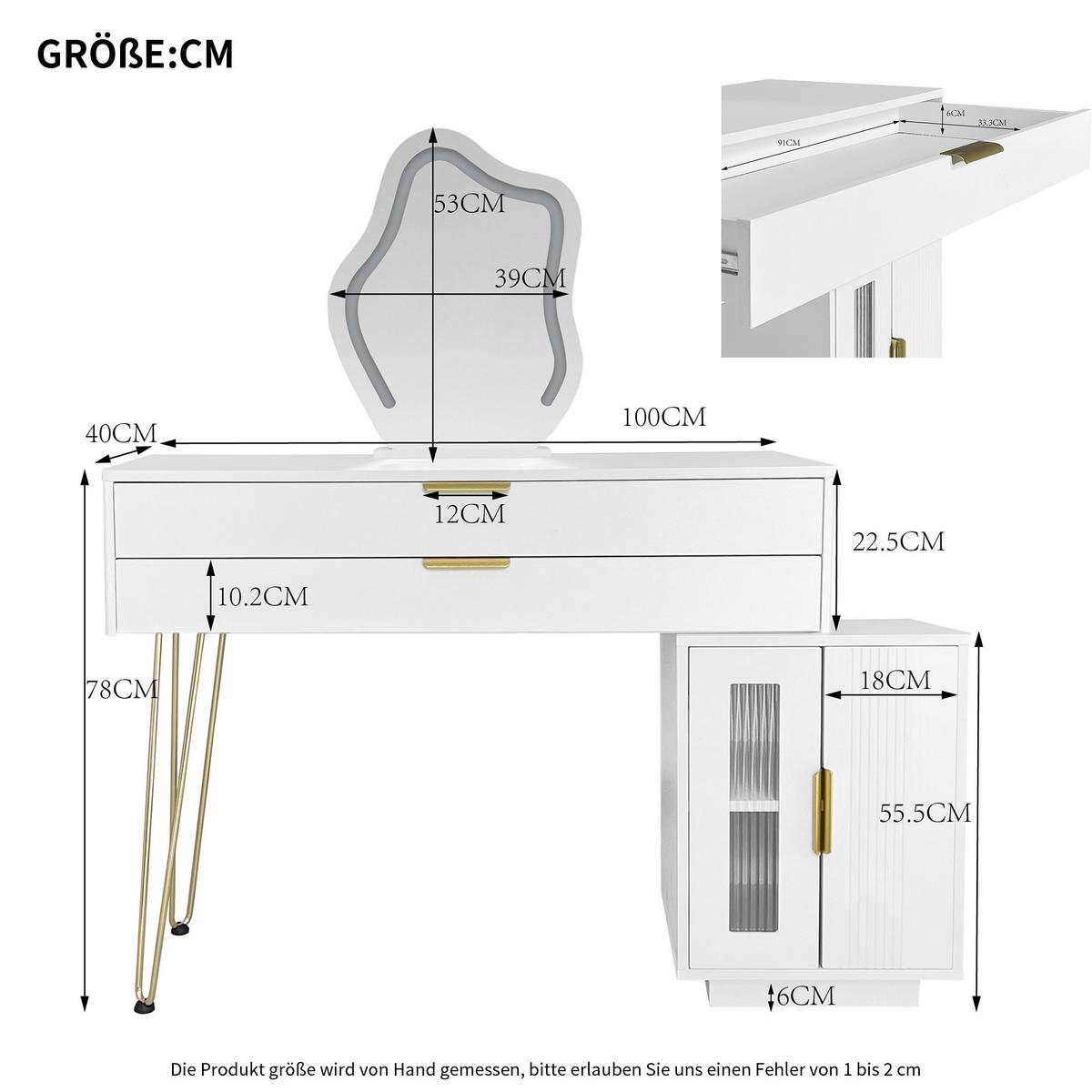 SCHMINKTISCH in Weiß mit LED-Spiegel & Seitenschrank - Weiß, Holzwerkstoff (100/78/40cm) - Urban Meuble