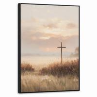 LEINWAND Bilder mit Rahmen - Gras - Morgennebel - Kreuz - Christentum - 60x80 - Beige, Textil (60/80cm) - MuchoWow