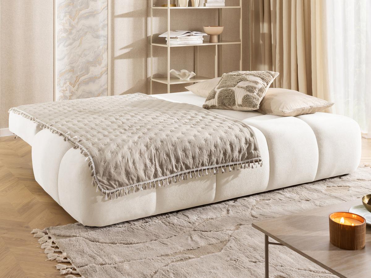 SCHLAFSOFA Belluno aus hochwertigem Creme Plüschstoff mit Bettkasten und tiefen Steppungen in Bubble-Optik - Creme/Schwarz, Holz/Kunststoff (205/87/105cm) - S-Style