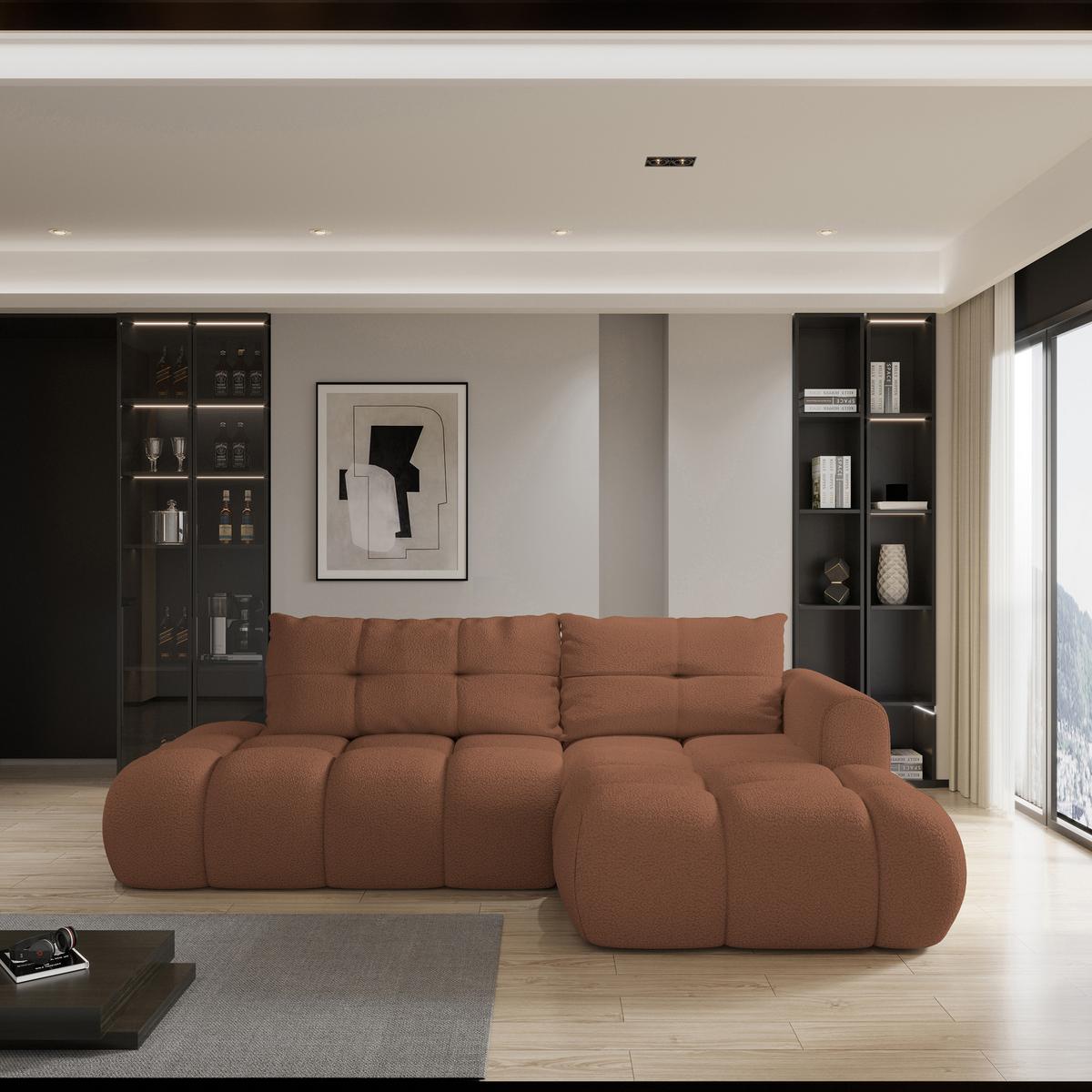 ECKSOFA FLUMA R-S Kupferfarben Boucle-Stoff mit Schlaffunktion - Kupferfarben, Holz (279/158cm) - MASSENO