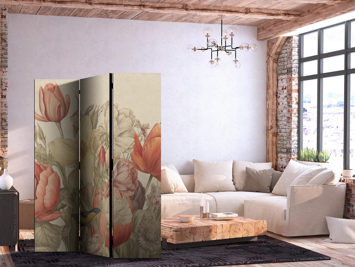 PARAVENT Einseitig Bedruckter 3-tlg 135x172 cm Retro Tulpen - Multicolor, Holz/Textil (135/172/3cm) - Muralo