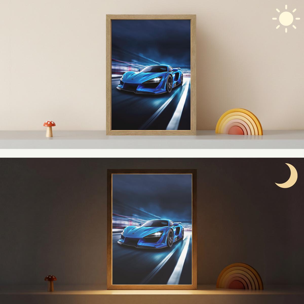 WANDLEUCHTE MIT AKKU Auto - Blau - Jungen - Kind 30x40 cm - Blau, Holzwerkstoff (30/40/8cm) - OnlyWow