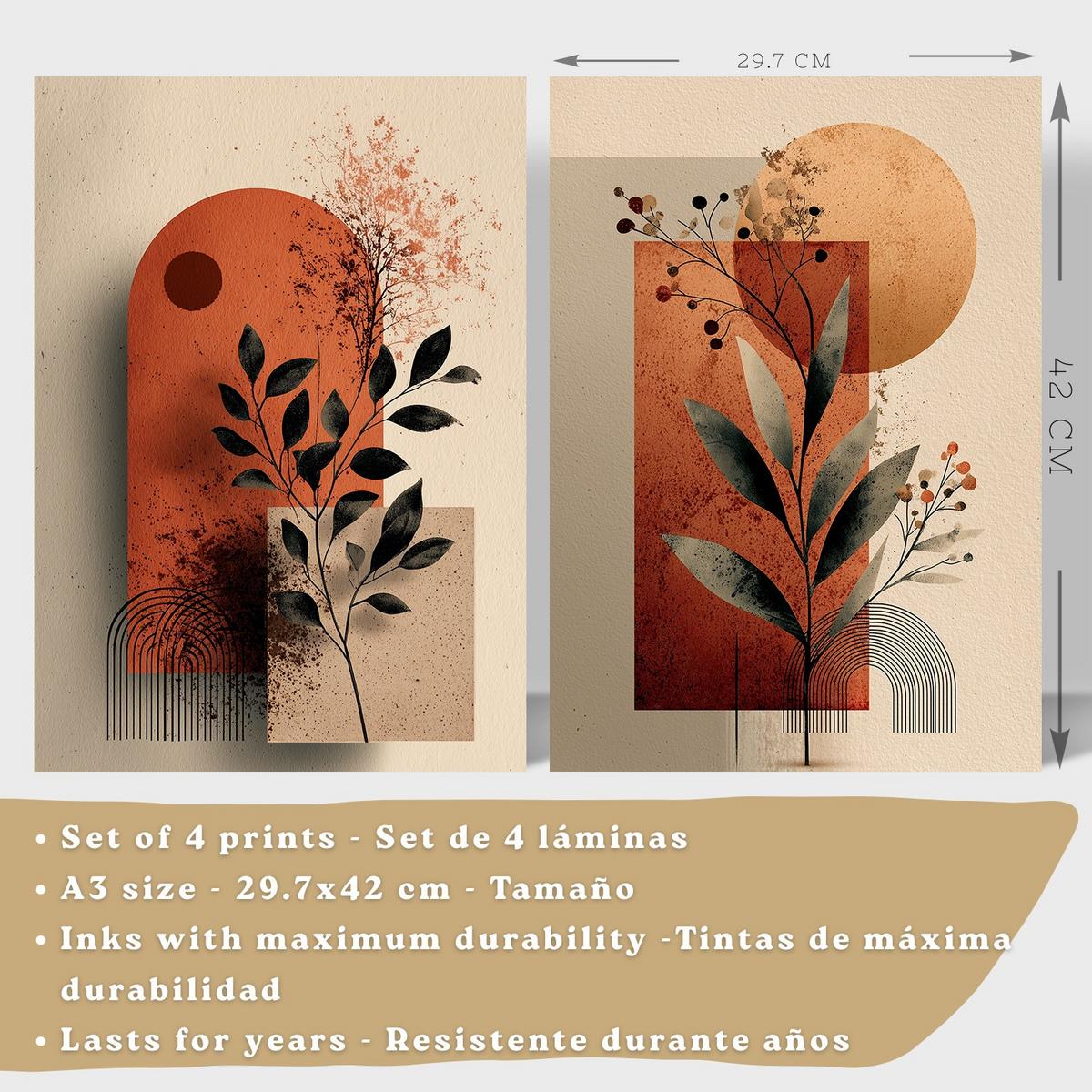 POSTER 4er Kunstdruck-Set Wandbilder Blumen Abstrakt Rot Orange modern Wohnzimmer Deko, Schlafzimmer, Küche, Badezimmer Rahmenlos A3 - Schwarz, Papier (29.7/1/42cm) - Nacnic
