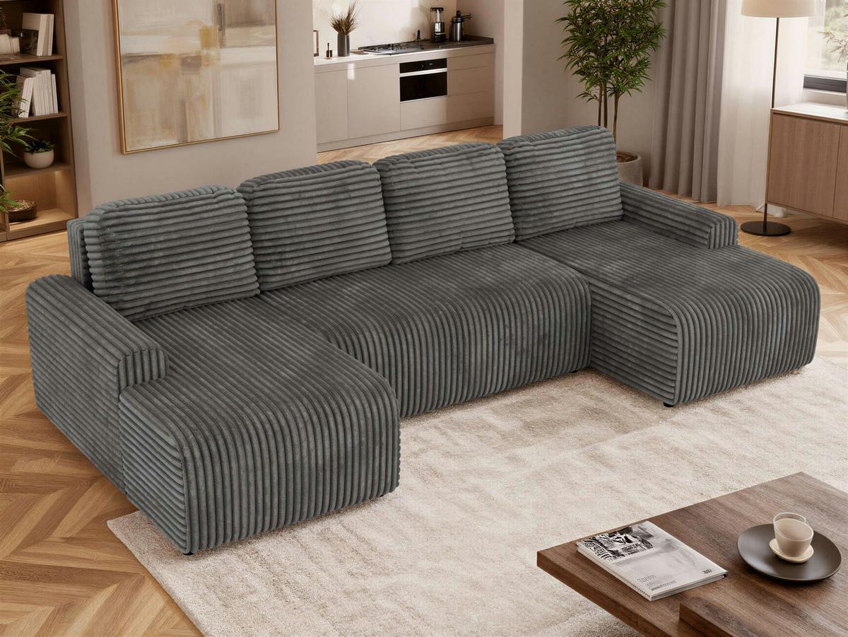 WOHNLANDSCHAFT NESSARO U Grau Cord - Schwarz/Grau, Kunststoff/Textil (312/92/151cm) - MKS