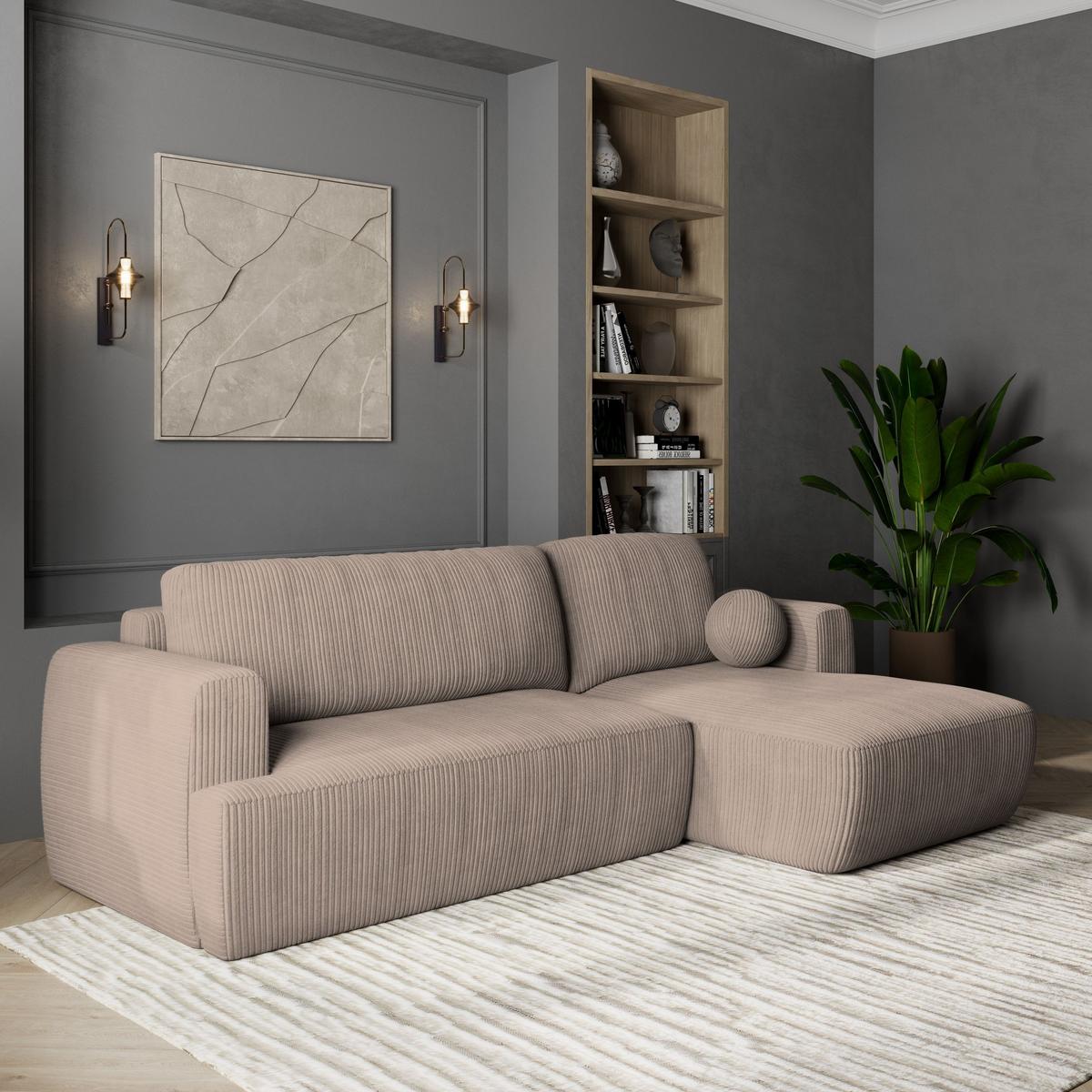 ECKSOFA SENTI P R-S Beige Kordstoff mit Schlaffunktion - Beige/Schwarz, Holz/Kunststoff (246/148cm) - MASSENO