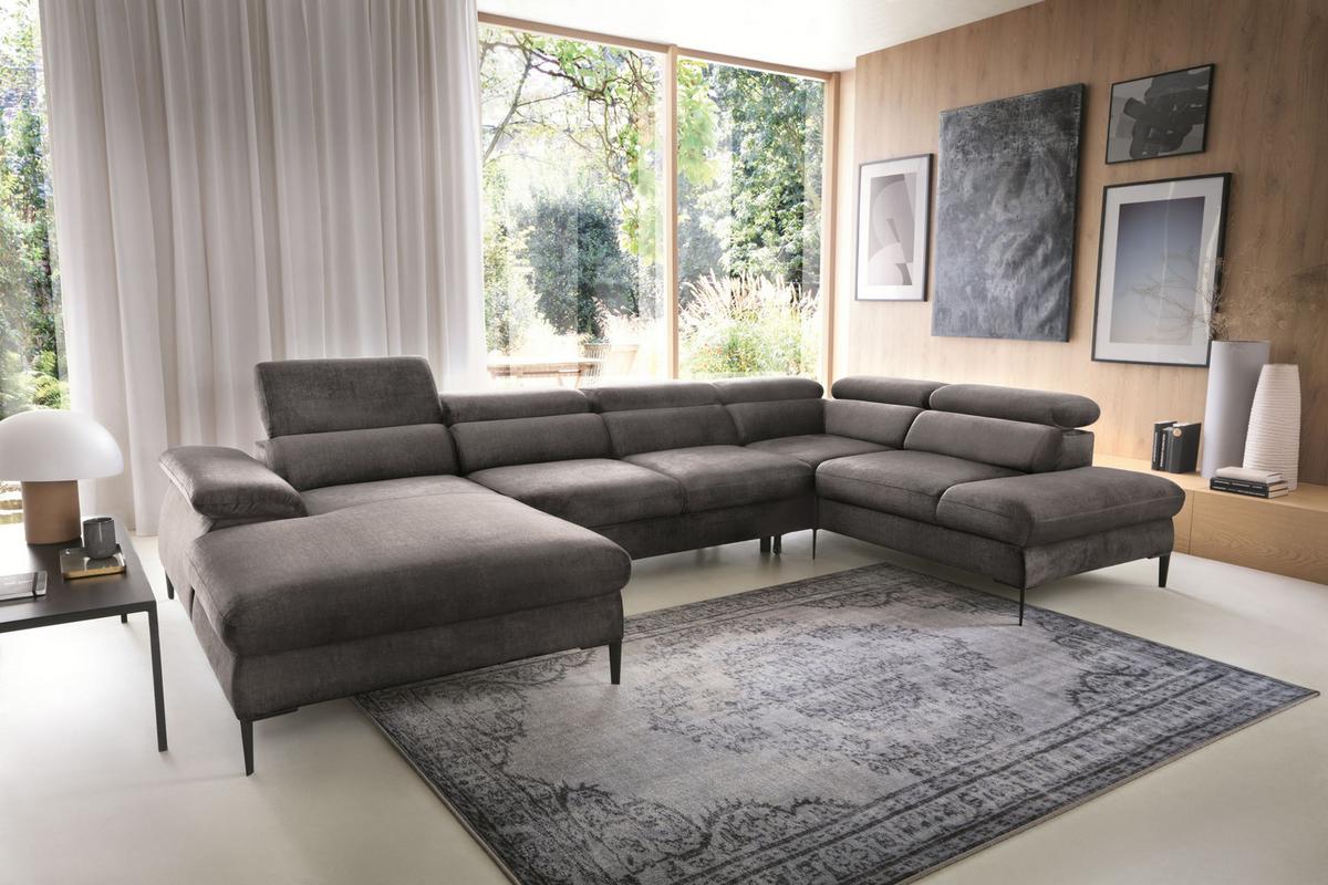 WOHNLANDSCHAFT MESTO Grau Velours-Stoff mit Schlaffunktion - Grau, Holz (353/94/182cm) - MASSENO