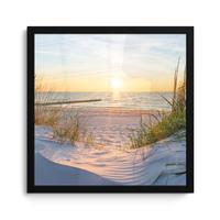 POSTER MIT RAHMENGERAHMTES BILD Strand - Sonne - Düne - Gras - Sand - Horizont 40x40 cm - Hellblau, Papier (40/40cm) - MuchoWow