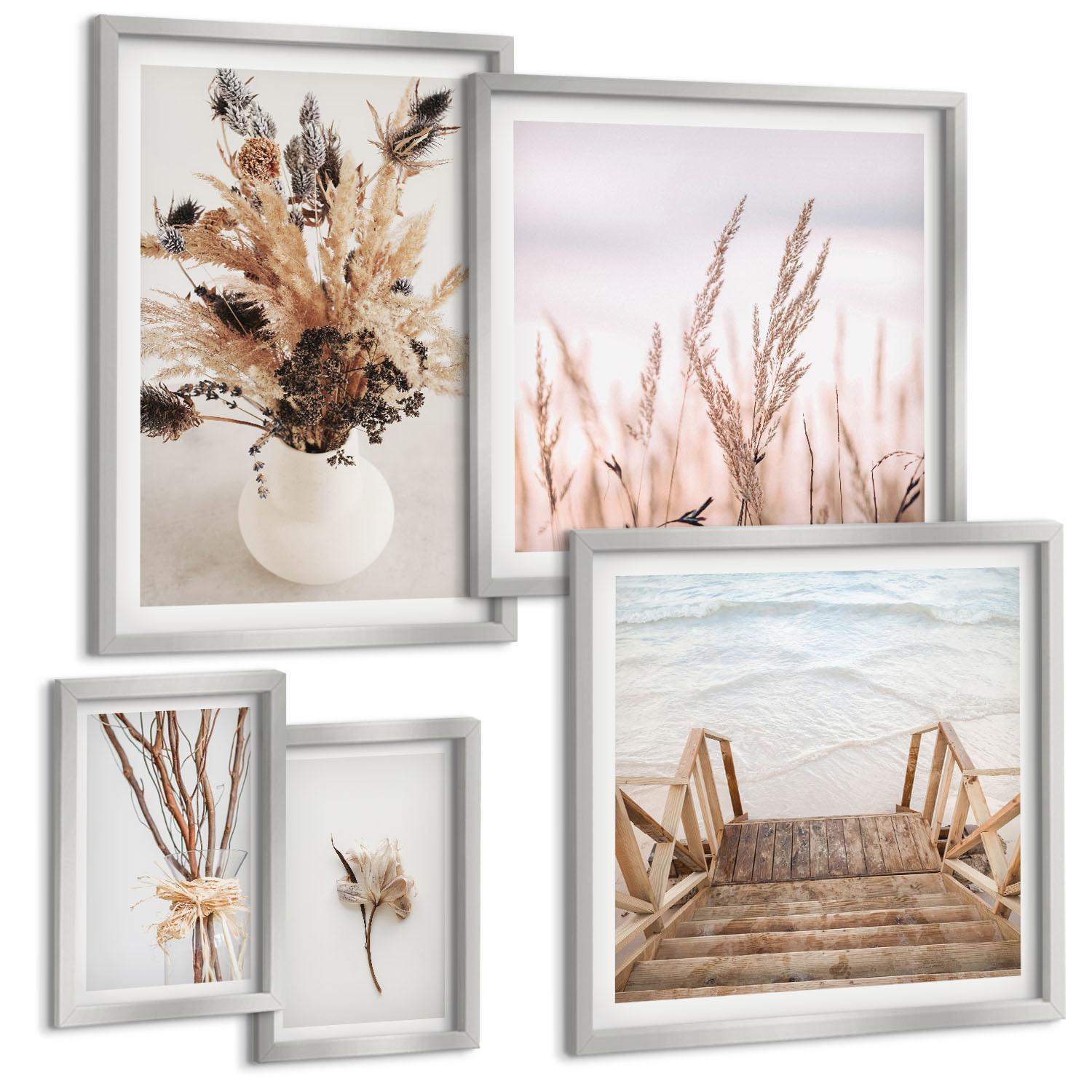 BILDER SET 5er Set - 50x50 cm & 20x30 cm & 40x60 cm Silberner Rahmen - Blumenzweige Minimalismus Natur - Silberfarben, Kunststoff (40/60cm) - TULUP
