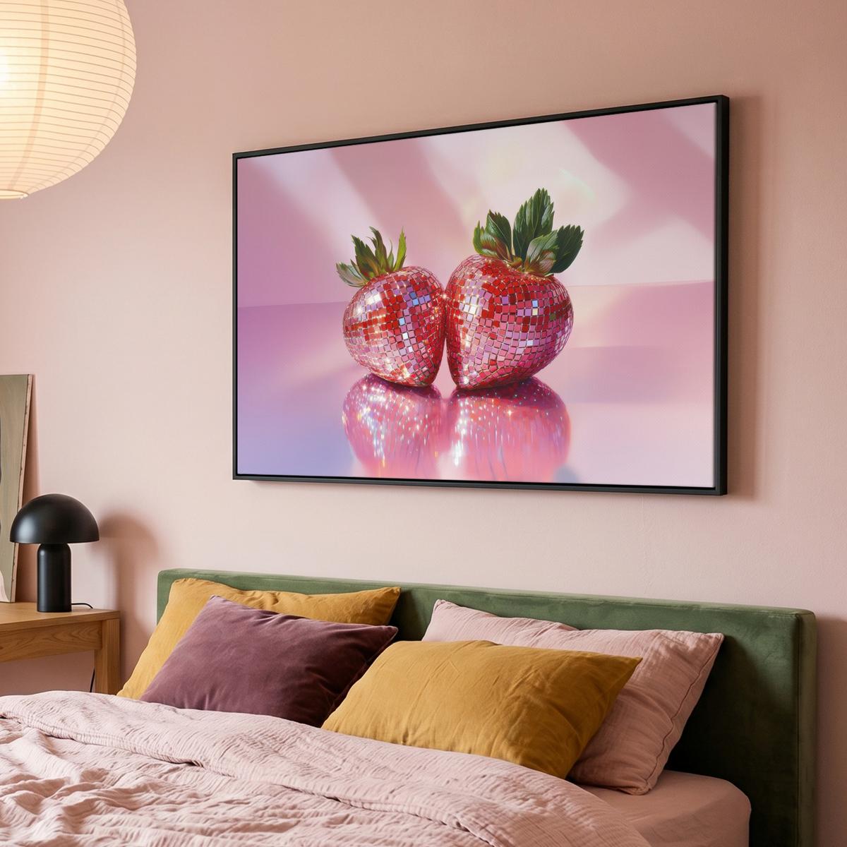 LEINWAND Bilder mit Rahmen - Disco - Obst - Glitzer - Erdbeere - 120x80 - Pink, Textil (120/80cm) - MuchoWow