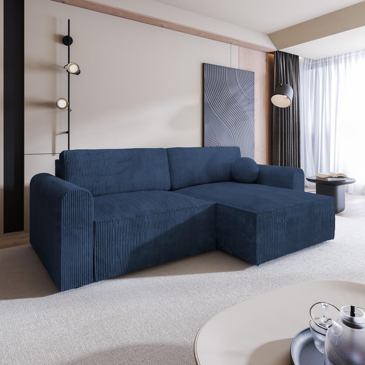 ECKSOFA FIANO P Blau Kordstoff mit Schlaffunktion - Blau/Grau, Holz/Kunststoff (245/148cm) - MASSENO