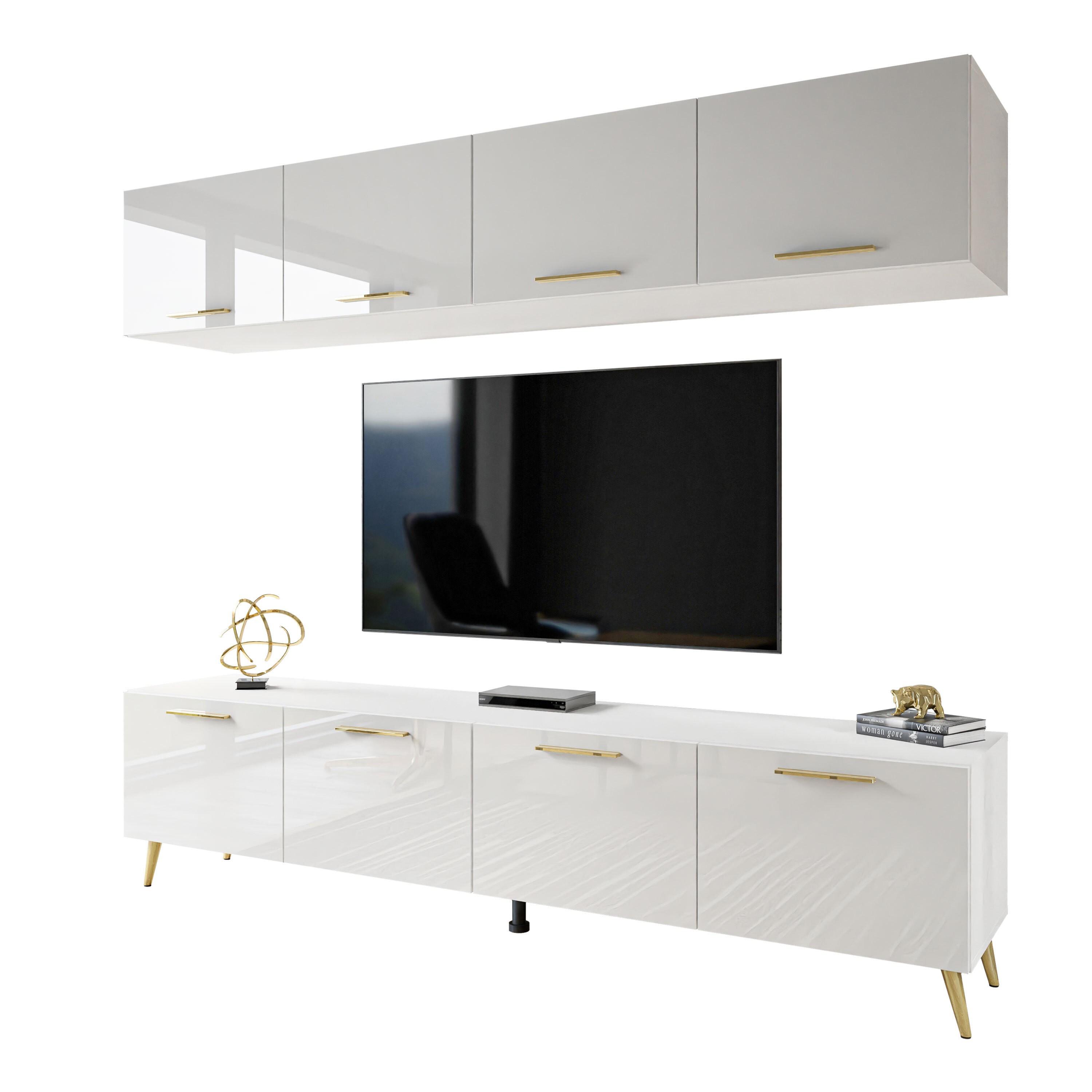 WOHNWÄNDE AURA mit Griffen Weiß Hochglanz mit LED-Beleuchtung – Füße in Gold - Weiß Hochglanz/Goldfarben, Holzwerkstoff (200/49/40cm) - Lookway