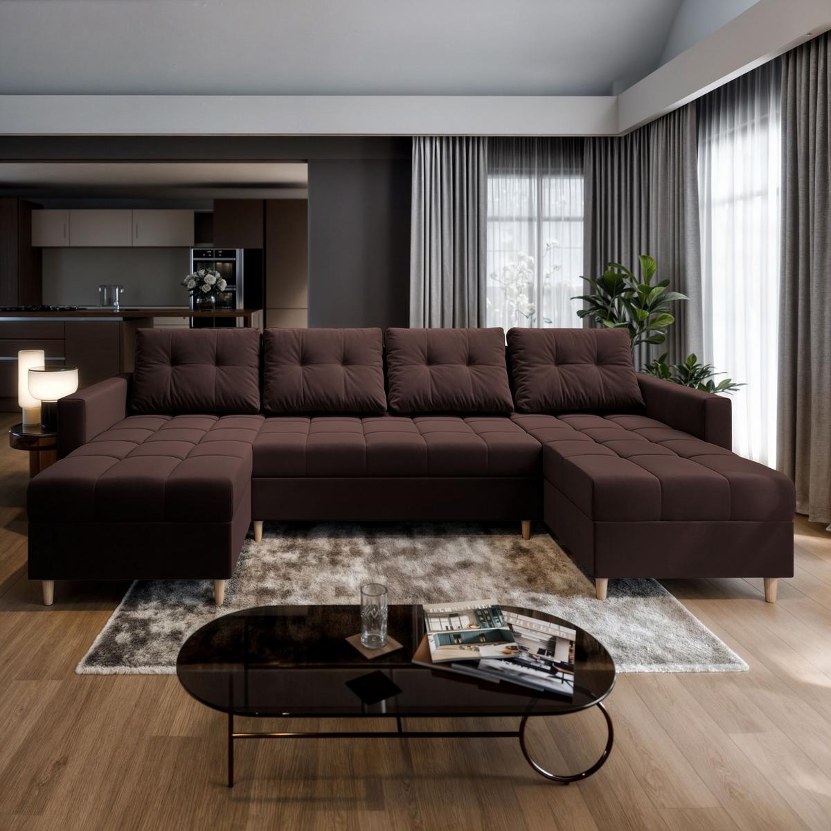 WOHNLANDSCHAFT MILO U Braun Plüsch-Stoff mit Schlaffunktion - Braun, Holz/Textil (285/91/140cm) - MASSENO