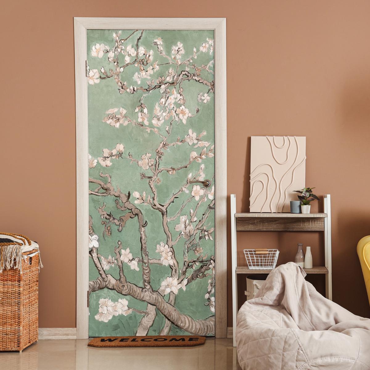TÜRAUFKLEBER Mandelblüte - Kunst - Van Gogh - Grün 90x215 cm - Türtapete - Salbeigrün, Kunststoff (90/0.1cm) - MuchoWow