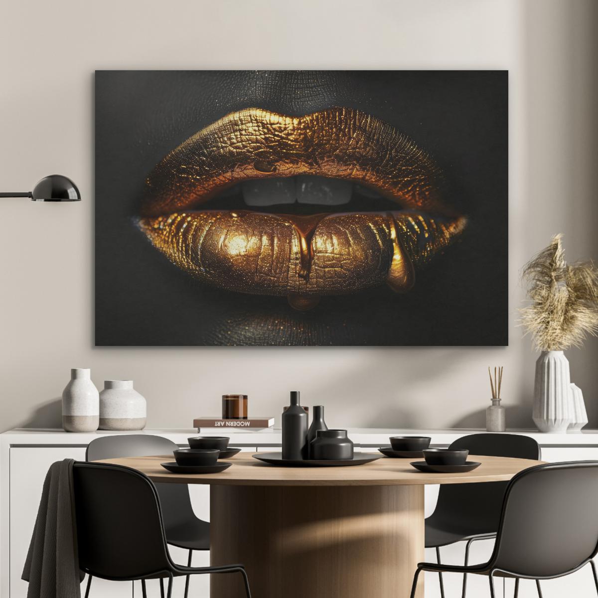 AKUSTIKBILD Frau - Porträt - Lippen - Gold - Schwarz Wandbild Wohnzimmer 100x70 cm - Schwarz, Kunststoff (100/70/0.9cm) - MuchoWow