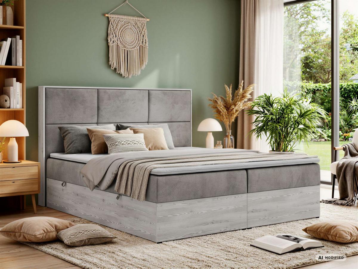 BOXBETT DELNOR 200/200 - Hellgrau Velvet - Topper Visco - H3 - Hellgrau/Schwarz, Kunststoff/Textil (200/200cm) - MKS