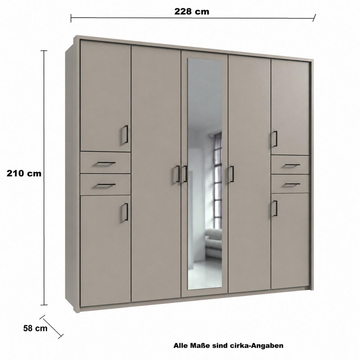 DREHTÜRENSCHRANK B228/H210/T58 cm in Beige Grau, Kleiderschrank m.Passepartout&1Spiegeltür&Schubkästen,Griffe schwarz/ 22574 - Greige/Beige, Holzwerkstoff/Kunststoff (228/210/58cm) - luma-home