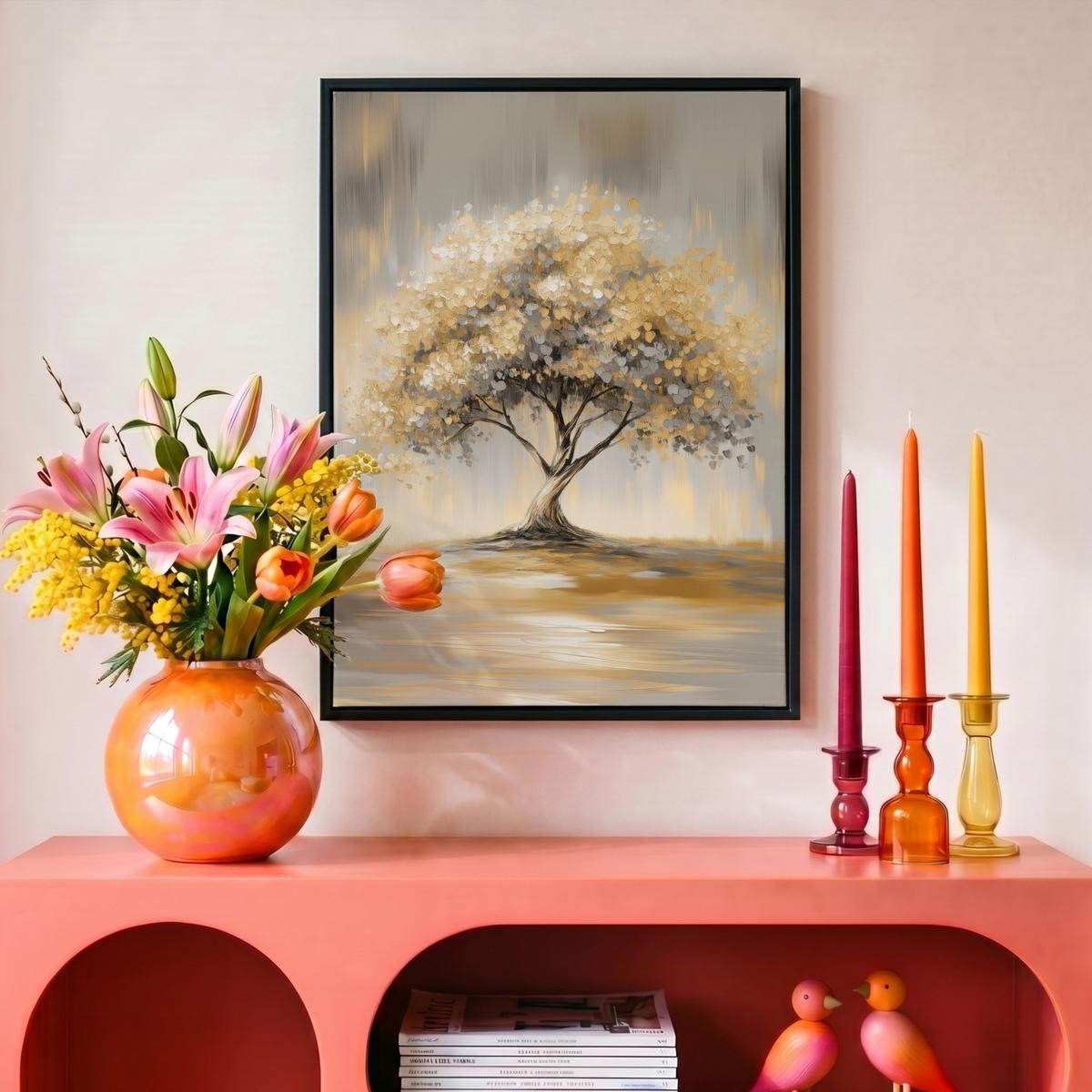 LEINWAND Bilder mit Rahmen - Gemälde - Baum - Abstrakt - Blätter - 30x40 - Beige, Textil (30/40cm) - MuchoWow