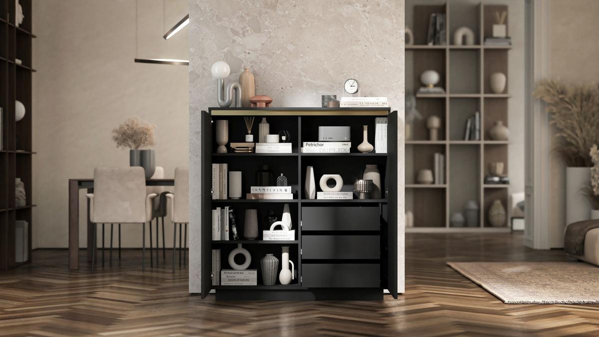 HIGHBOARD Selene 2D Schwarz Matt 111 cm Glamour - Schwarz, Holzwerkstoff (110.8/118/35cm) - Meble Lindner