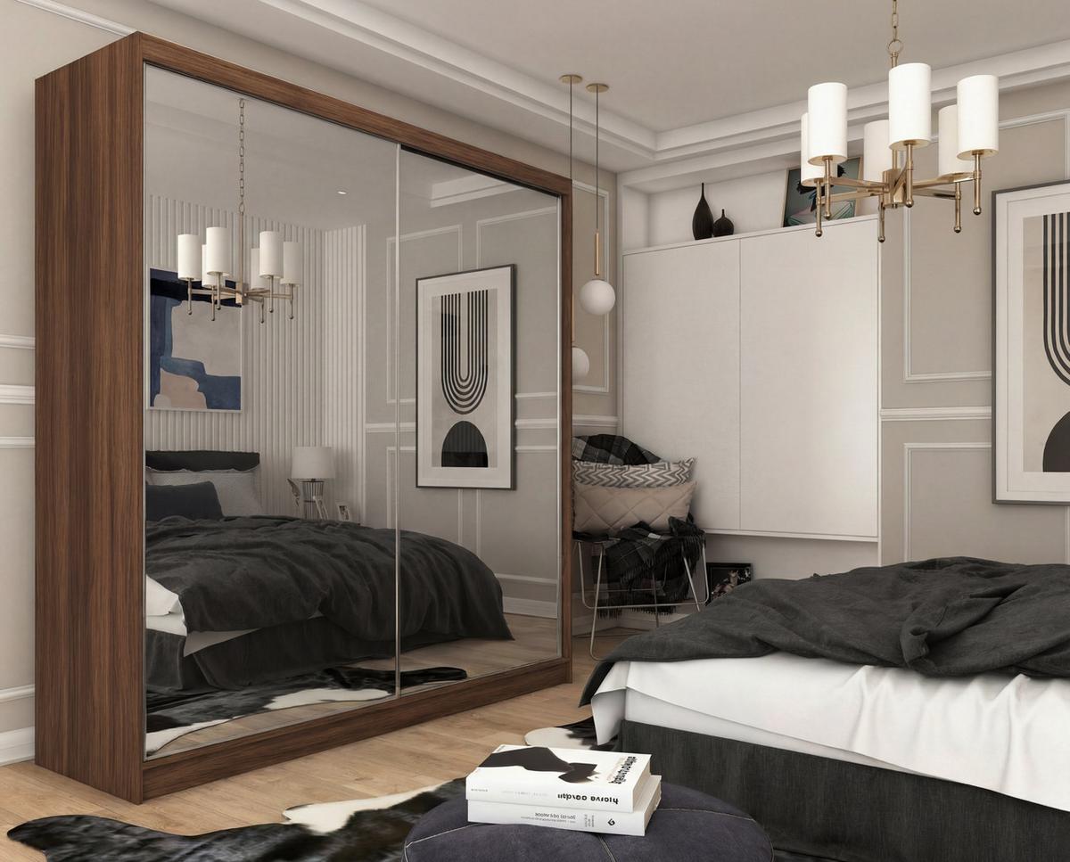 SCHWEBETÜRENSCHRANK BELLINA 200/216/61 cm Modern Kleiderschrank 2-türig mit Spiegel Nussbaumfarben - Nussbaumfarben, Holzwerkstoff (200/216/61cm) - MASSENO