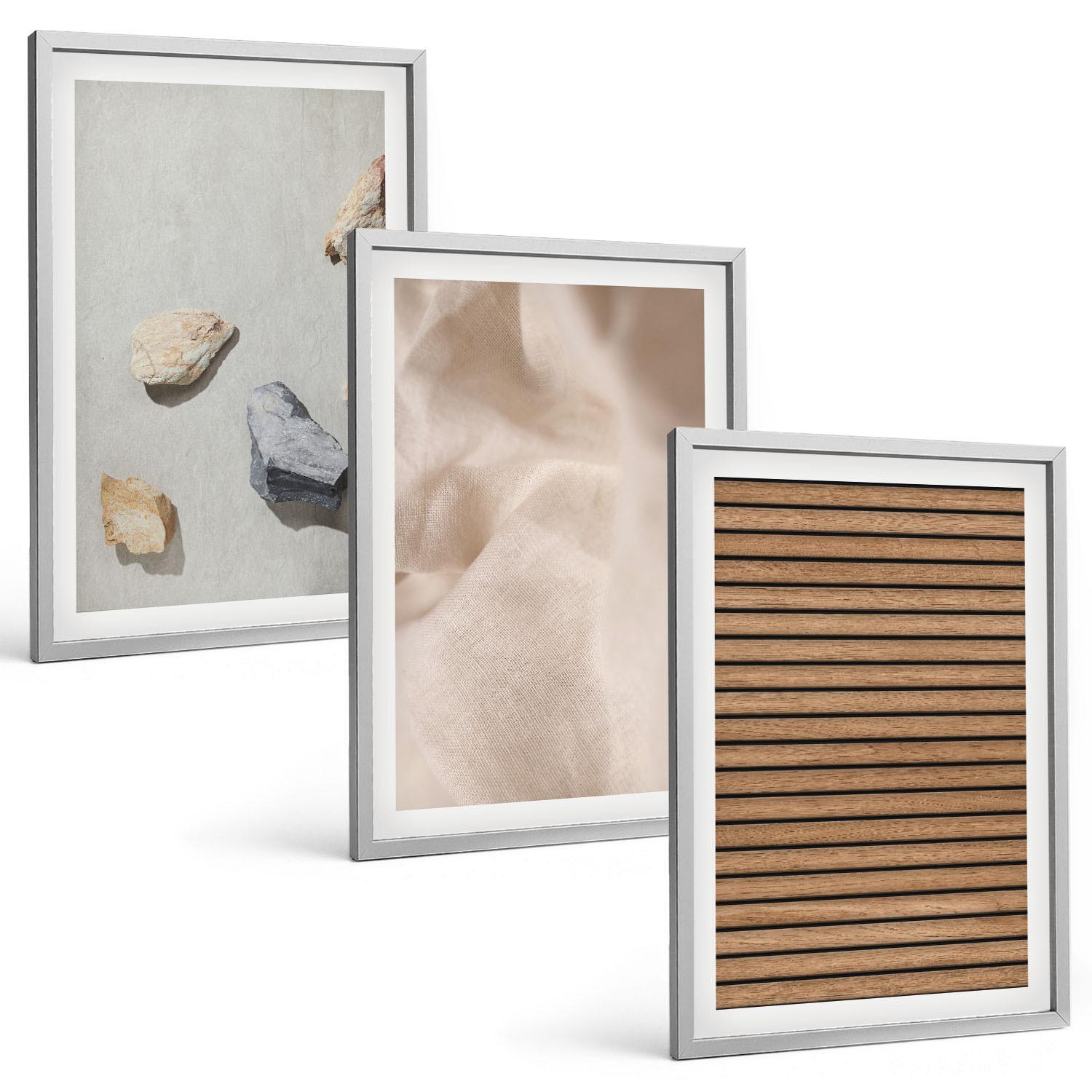 BILDER SET 3er Set - 40x60 cm Silberner Rahmen - Steine, Holz, Stofftexturen - Silberfarben, Kunststoff (40/60cm) - TULUP