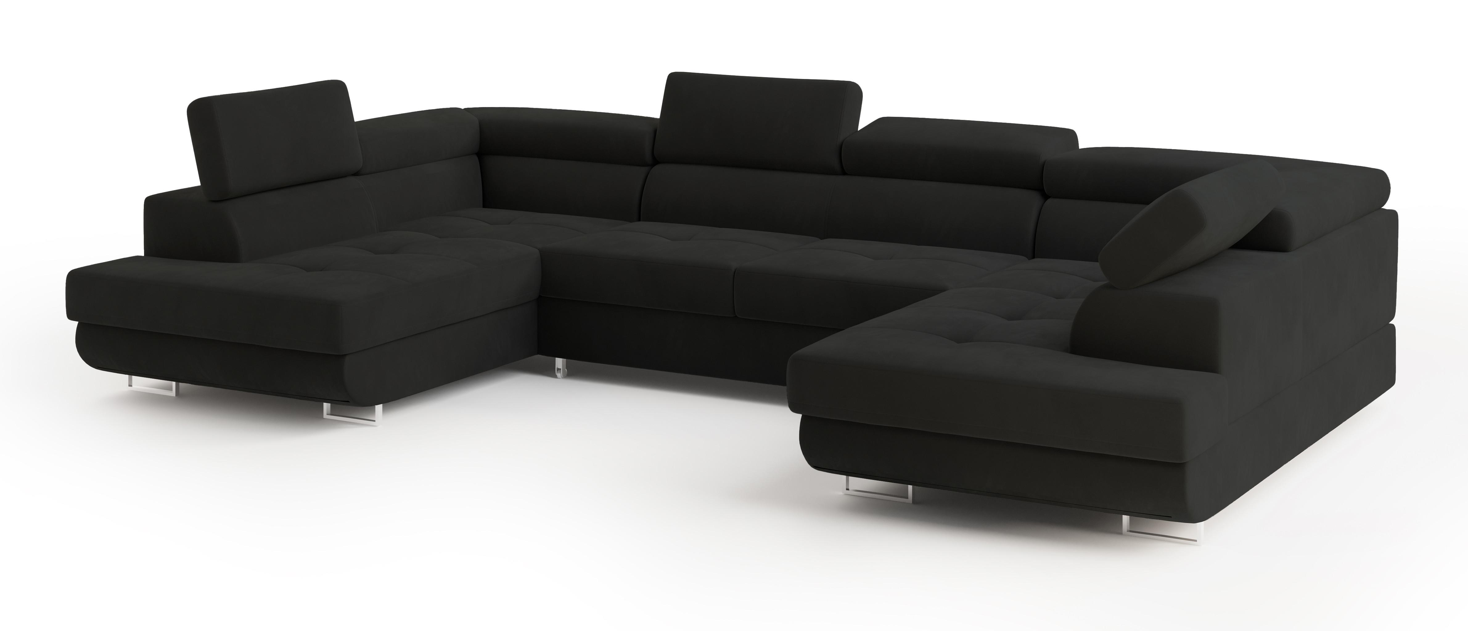 WOHNLANDSCHAFT RAGGIO Schwarz Velours-Stoff mit Schlaffunktion - Schwarz, Holz (336/90/202cm) - MASSENO