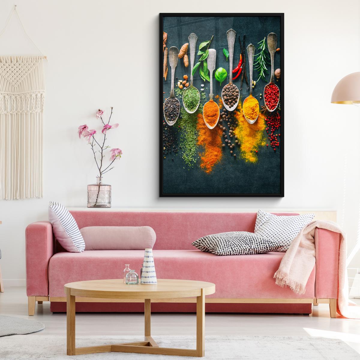 POSTER MIT RAHMENGERAHMTES BILD Kräuter - Gewürze - Löffel Bilderleiste 80x120 cm - Currygelb, Papier (80/120cm) - MuchoWow