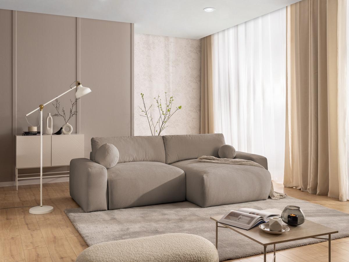ECKSOFA Puffy mit Schlaffunktion und Bettkasten - besonders weich und puffig aus Greige Webstoff - Ottomane rechts - Greige/Schwarz, Holz/Kunststoff (266/138cm) - S-Style Möbel