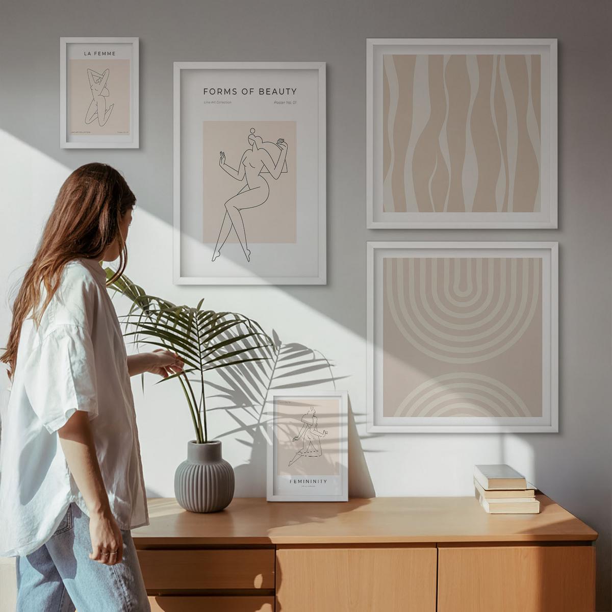 BILDER SET 5er Set - 50x50 cm & 20x30 cm & 40x60 cm Weißer Rahmen - Eine Sammlung minimalistischer Formen - Weiß, Kunststoff (40/60cm) - TULUP