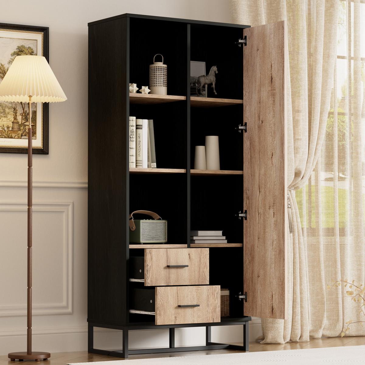 HOCHSCHRANK mit 2 Schubladen und offenen Fächern Schwarz - Schwarz, Holzwerkstoff (40/180/80cm) - Urban Meuble