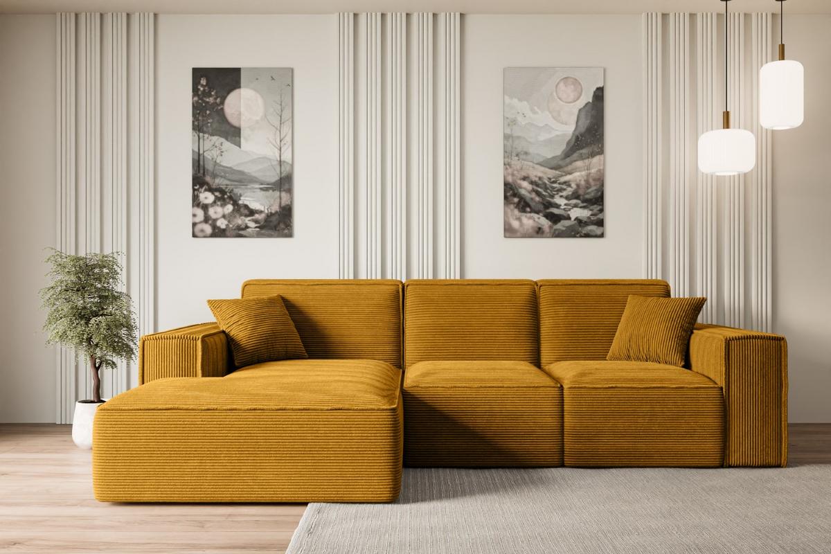 ECKSOFA Ottomane Links SERRA-L - 266x169x80 cm Senfgelb Cord - Gelb/Schwarz, Holzwerkstoff/Kunststoff (165/266cm) - ALTDECOR