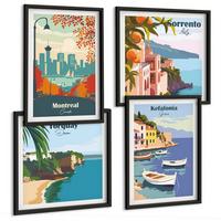 BILDER SET 4er Set - 50x50 cm & 40x60 cm Schwarzer Rahmen - Retro-Ansichten von Städten auf der ganzen Welt - Schwarz, Kunststoff (50/50cm) - TULUP