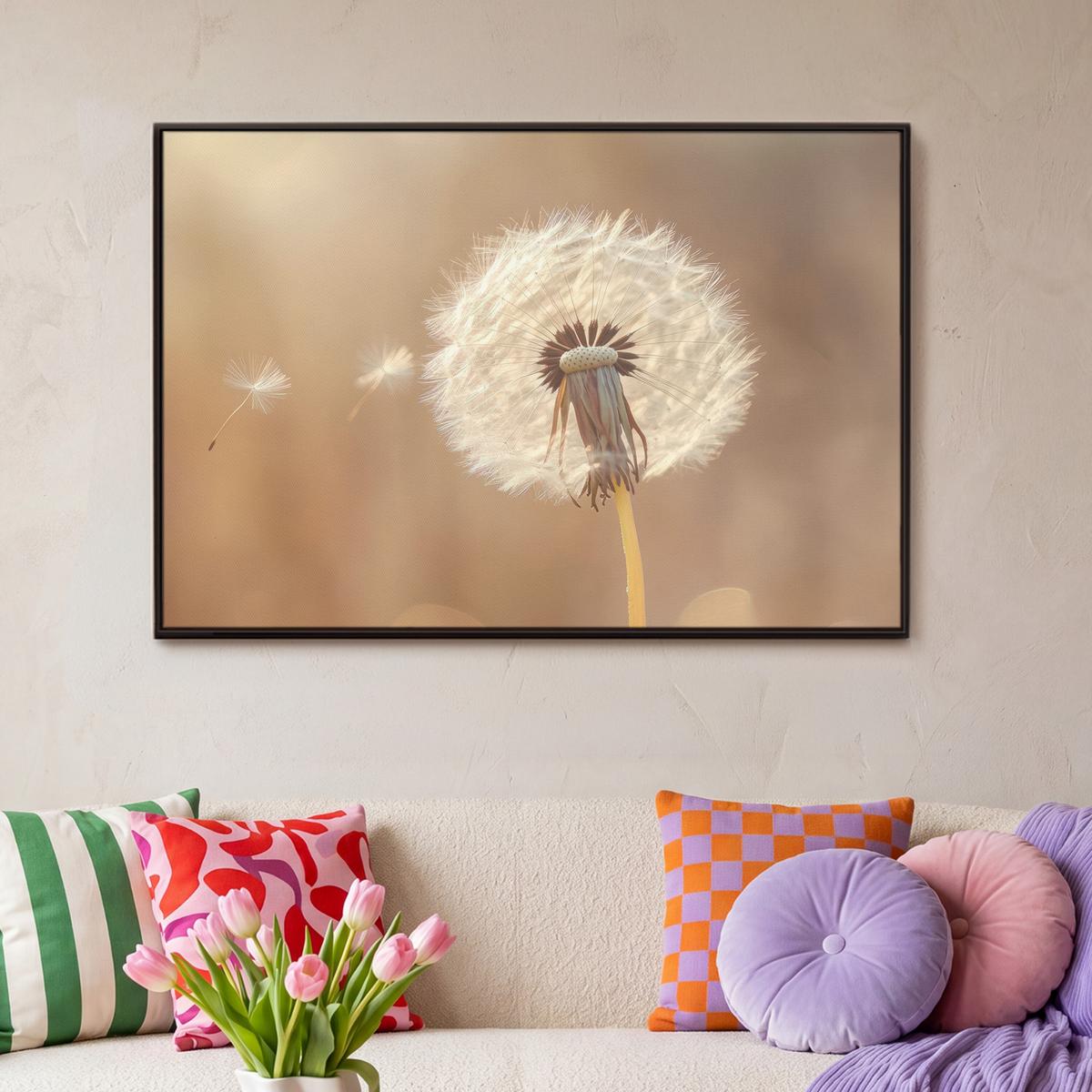 LEINWAND Bilder mit Rahmen - Löwenzahn - Beige - Natur - Blume - 90x60 - Hellbraun, Textil (90/60cm) - MuchoWow