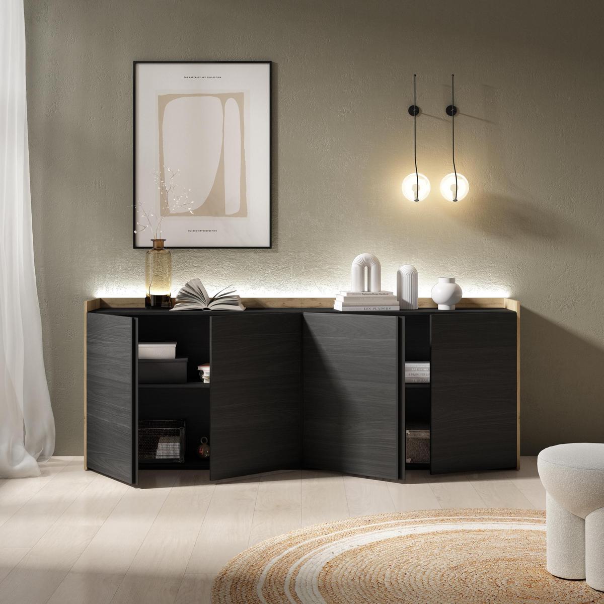 SIDEBOARD, Schwarz und Eiche, 207/35/80cm, mit Led - Schwarz, Holzwerkstoff (207/80/35cm) - Skraut Home