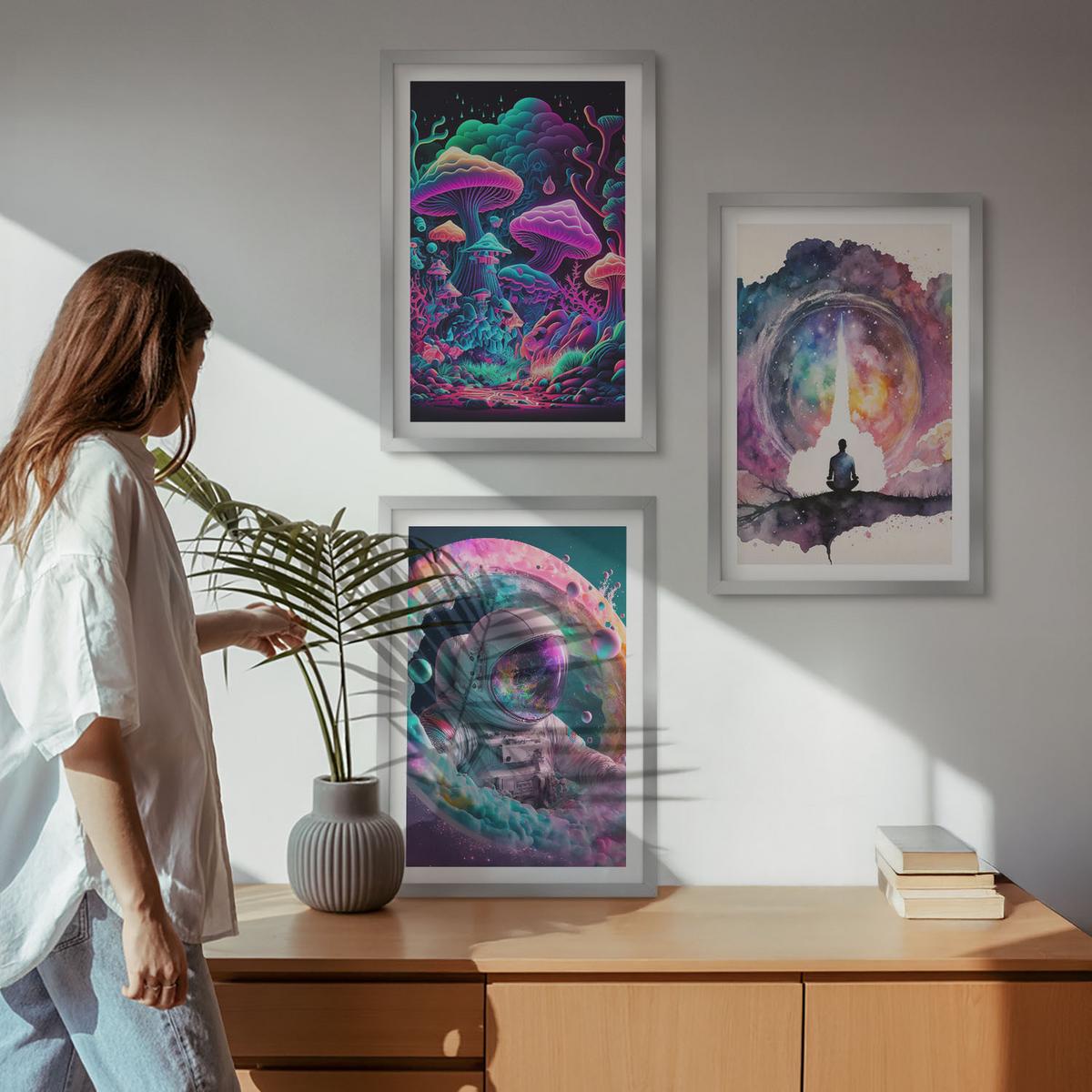BILDER SET 3er Set - 40x60 cm Silberner Rahmen - Farbenfrohe Fantasy-Kunstillustrationen - Silberfarben, Kunststoff (40/60cm) - TULUP