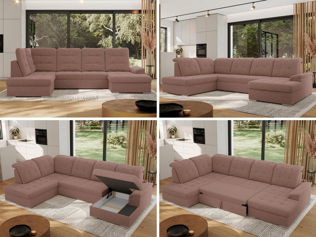 WOHNLANDSCHAFT MADRITO U - Rosa Boucle - Links - Silberfarben/Rosa, Textil/Metall (204/89/323cm) - MKS