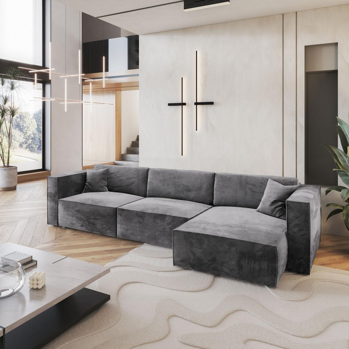 ECKSOFA TOLMO M Grau Velours-Stoff mit Schlaffunktion - Grau, Holz/Kunststoff (347/148cm) - MASSENO