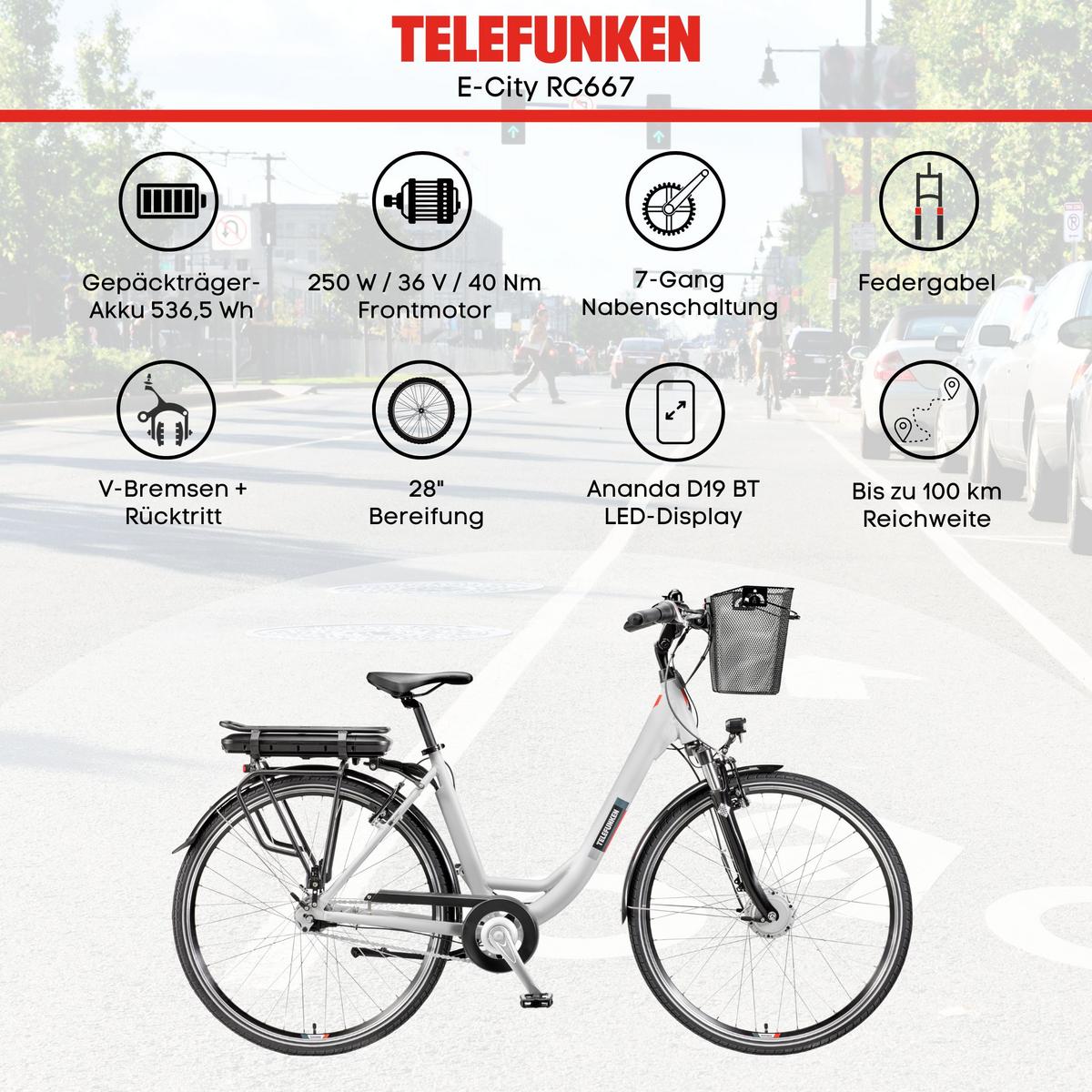 E-BIKE Cityrad Multitalent RC667 28 Zoll Elektrofahrrad 536,5 Wh Frontmotor 7-Gang-Kettenschaltung - Weiß, Metall (110cm) - Telefunken