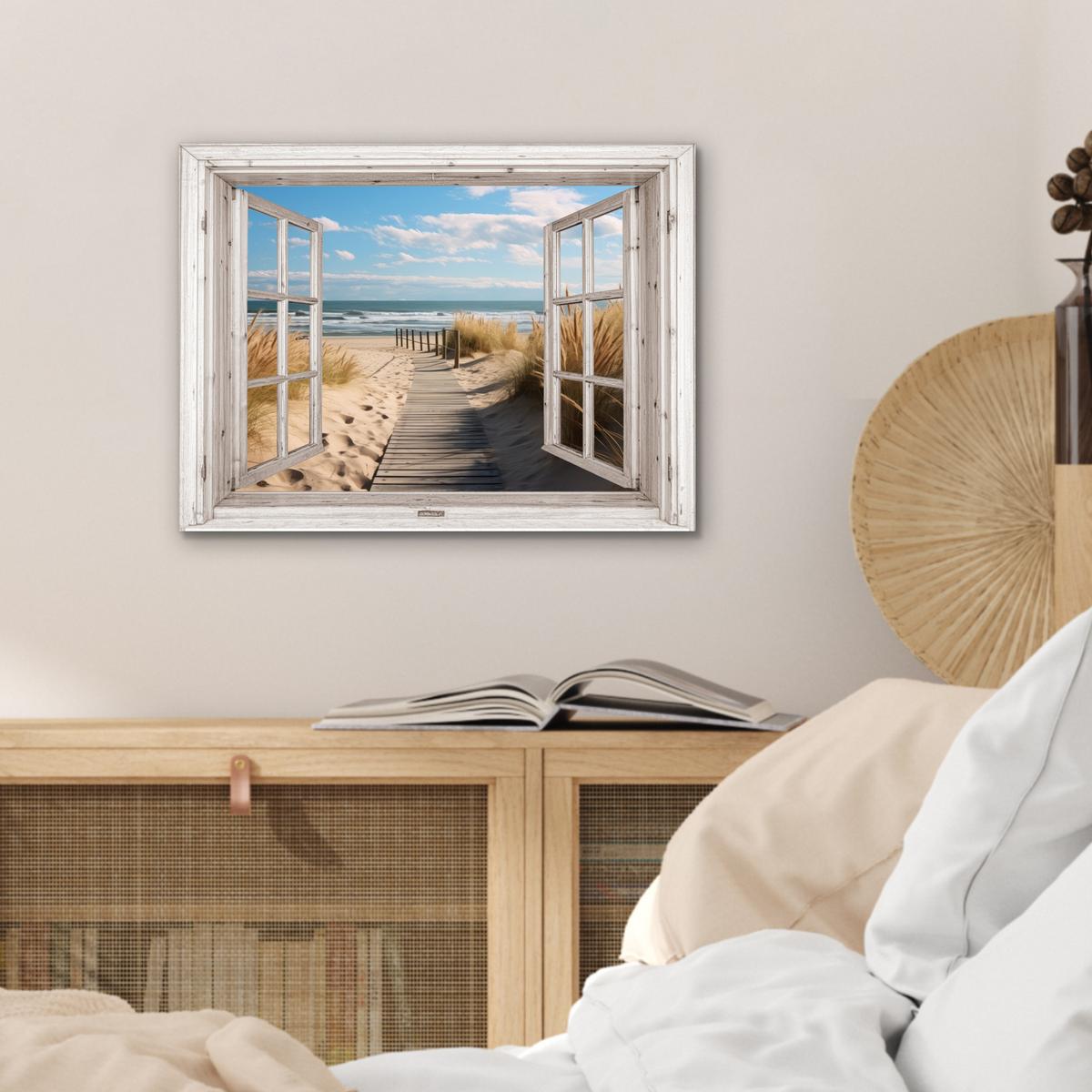 METALLBILD Fenster - Meer - Küste - Natur - Ausblick - Strand - Wattenmeer 40x30 cm - Beige, Metall (40/30cm) - MuchoWow