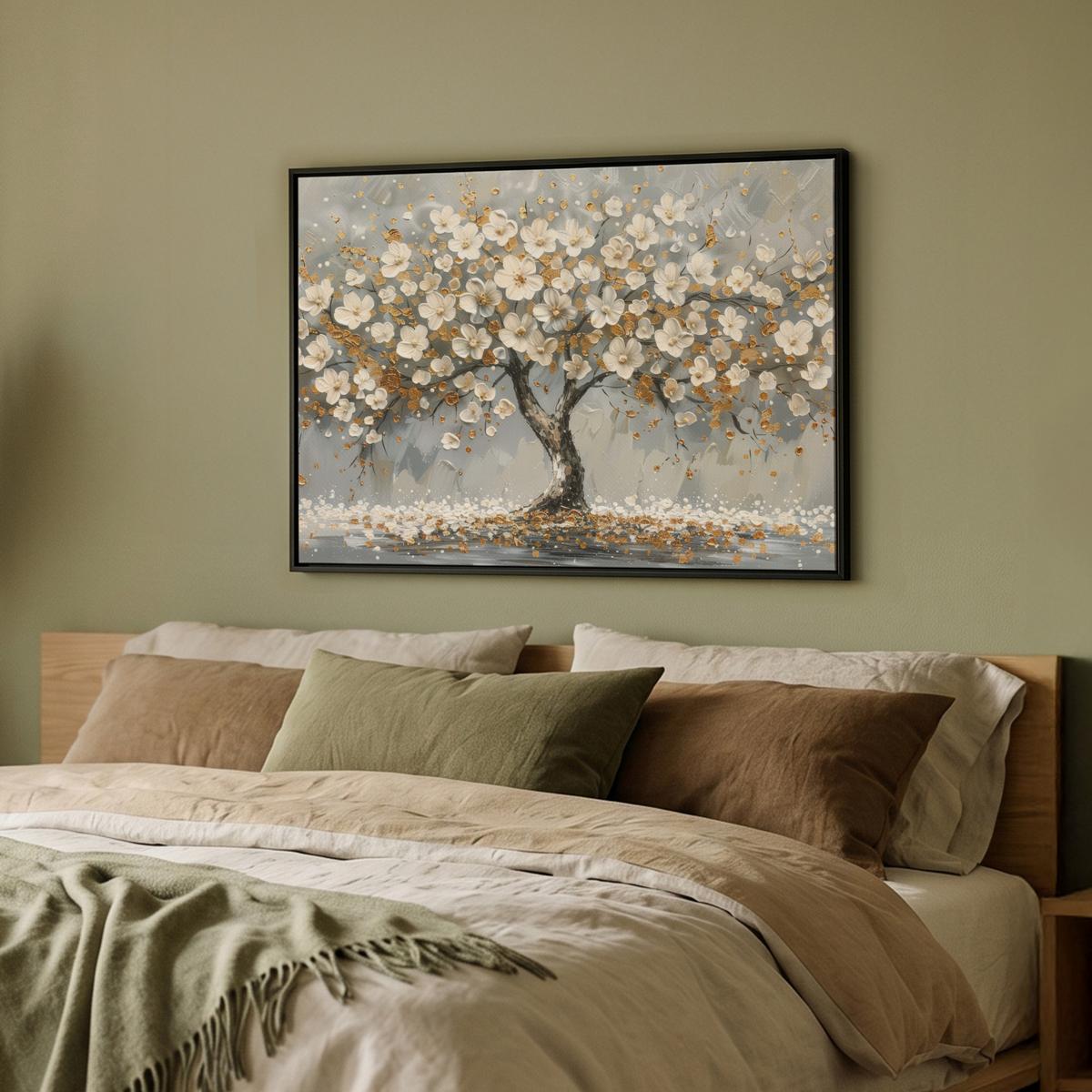 LEINWAND Bilder mit Rahmen - Baum - Blumen - Weiß - Natur - Kunst - 80x60 - Weiß, Textil (80/60cm) - MuchoWow
