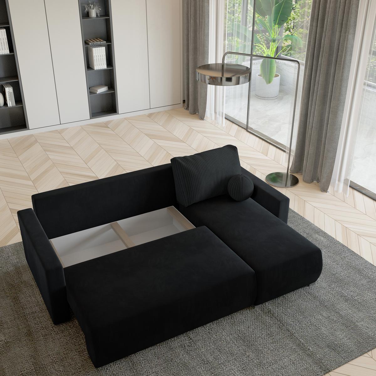 ECKSOFA SORGE Schwarz Plüsch-Stoff mit Schlaffunktion - Schwarz, Holz (220/143cm) - MASSENO