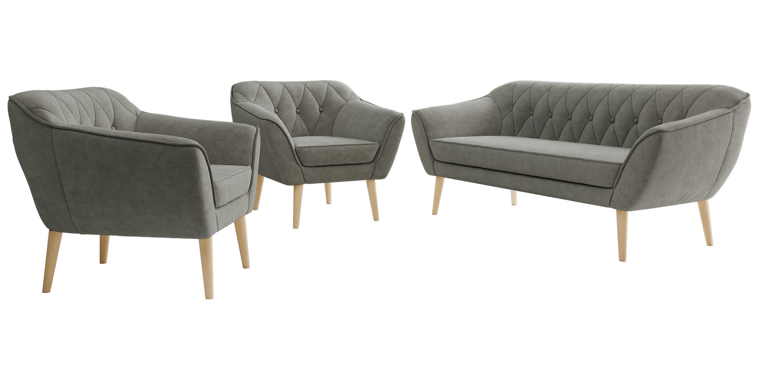 SITZGARNITUR PIRS 3+1+1 - Grau Strukture - Holzbeine - Platinfarben/Buchefarben, Holzwerkstoff/Textil (180/75/74cm) - MKS