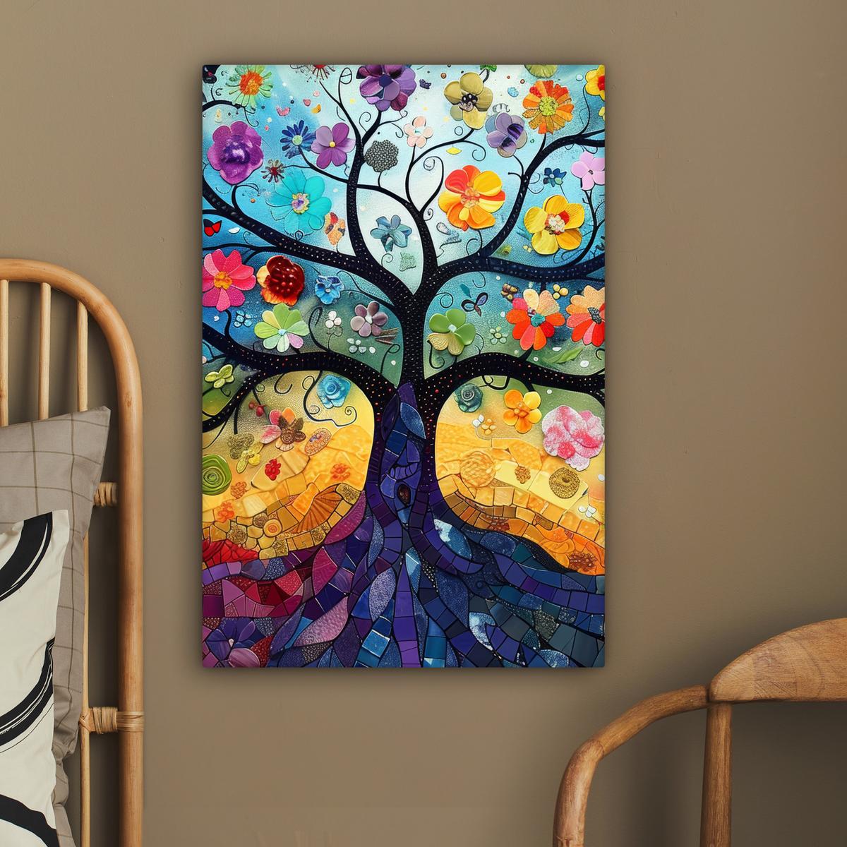 LEINWANDBILD Kunst - Baum des Lebens - Blumen - Hippie Wanddeko Schlafzimmer 60x90 cm - Dunkelblau, Textil (60/90cm) - MuchoWow