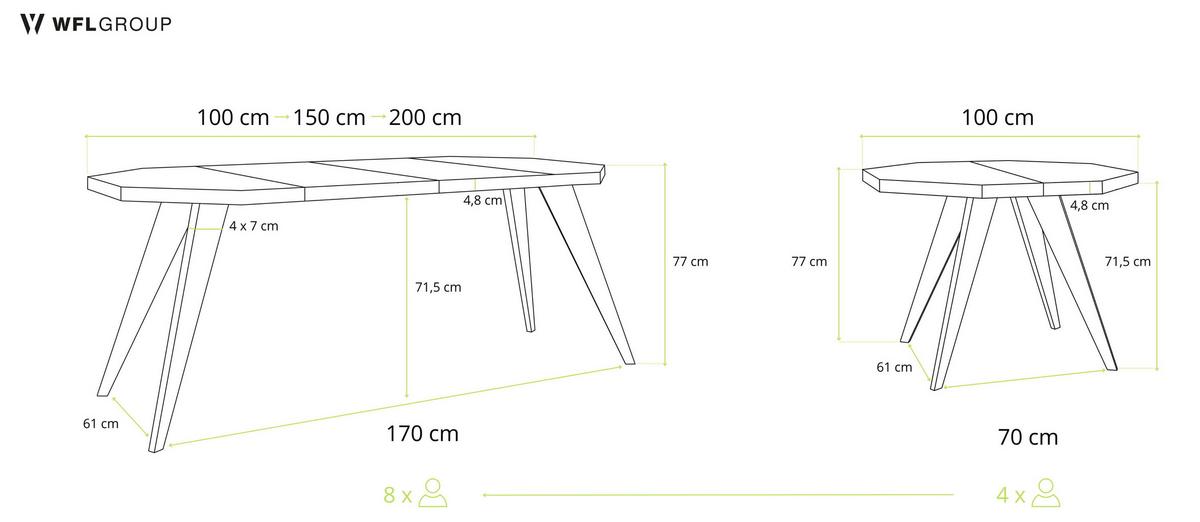 ESSTISCH Diamond Black achteckiger ausziehbarer, Grauer Beton 100-200/100/76 cm - Hellgrau/Schwarz, Holz/Holzwerkstoff (100/200/77cm) - WFL GROUP