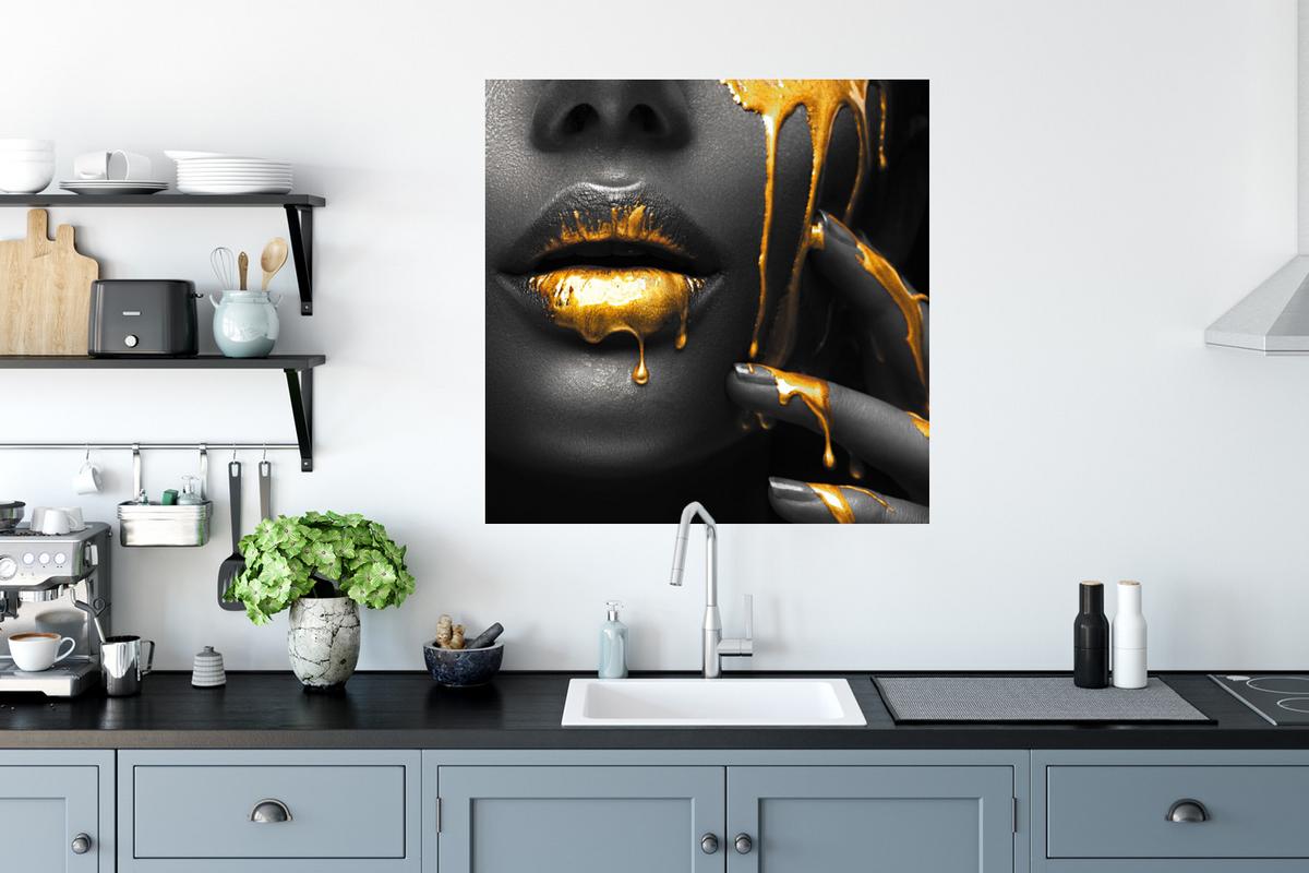 WANDTATTOO Frau - Schwarz - Gold - Gesicht - Lippen Wanddeko 50x50 cm - Goldfarben, Kunststoff (50/50/0.1cm) - MuchoWow