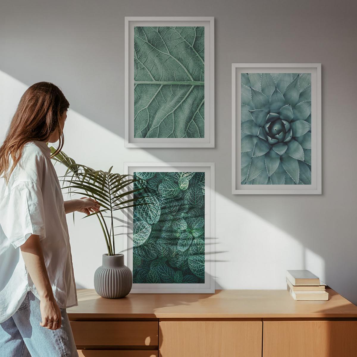 BILDER SET 3er Set - 40x60 cm Weißer Rahmen - Nahaufnahme von Pflanzenblättern - Weiß, Kunststoff (40/60cm) - TULUP