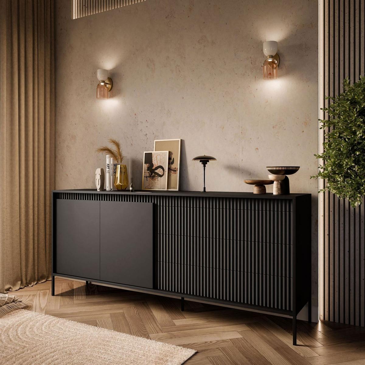 SIDEBOARD YASUMI 187 2D3S mit Schubladen schwarz matt - Schwarz, Holzwerkstoff (187.1/81.4/39.5cm) - Lookway