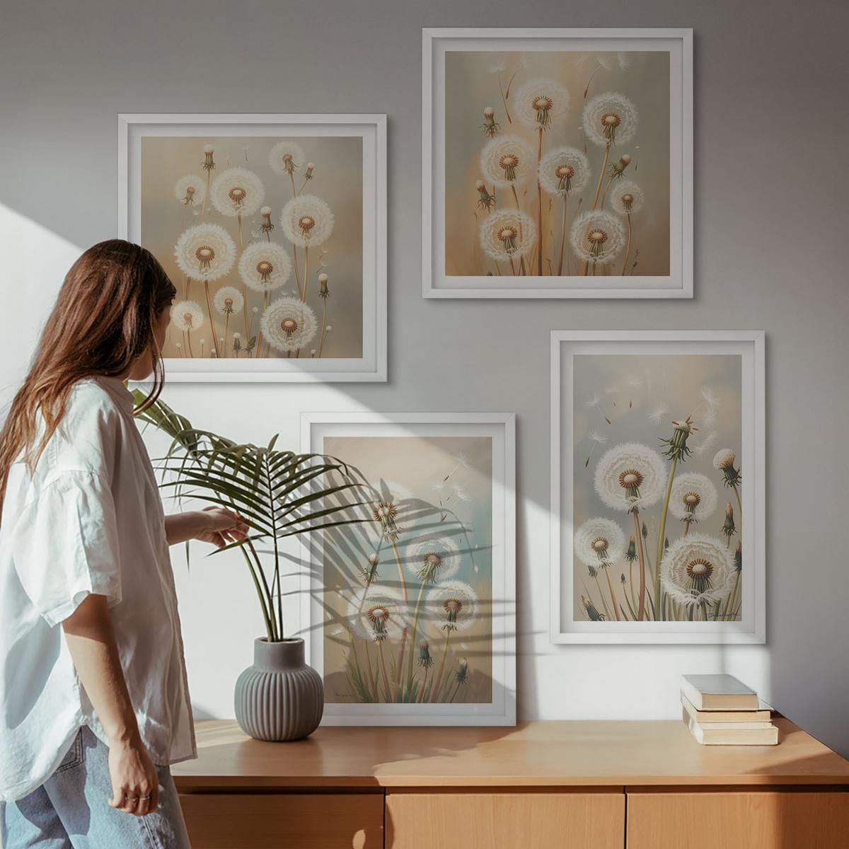 BILDER SET 4er Set - 50x50 cm & 40x60 cm Weißer Rahmen - Pastellfarbene Löwenzahnblüten - Weiß, Kunststoff (50/50cm) - TULUP