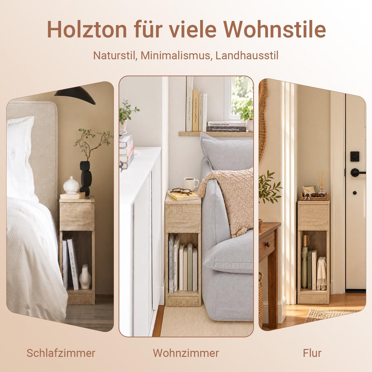 NACHTTISCH schmal mit Schublade, Natur, Konsolentisch, 20x35x60 cm, nur 20 cm tief, offene Fächer, Flur/Sofa/Büro/Balkon - Naturfarben, Holzwerkstoff (20/60/35cm) - SoBuy