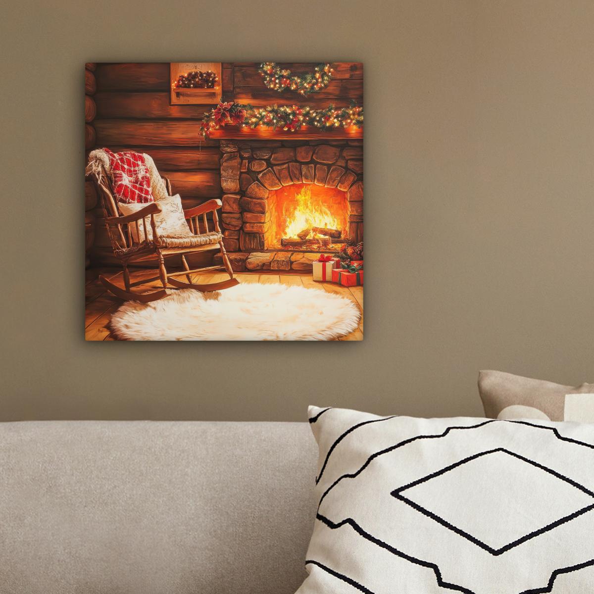 LEINWANDBILD Winter - Weihnachten - Zuhause - Kamin Deko Wohnzimmer 20x20 cm - Bernsteinfarben, Textil (20/20cm) - MuchoWow