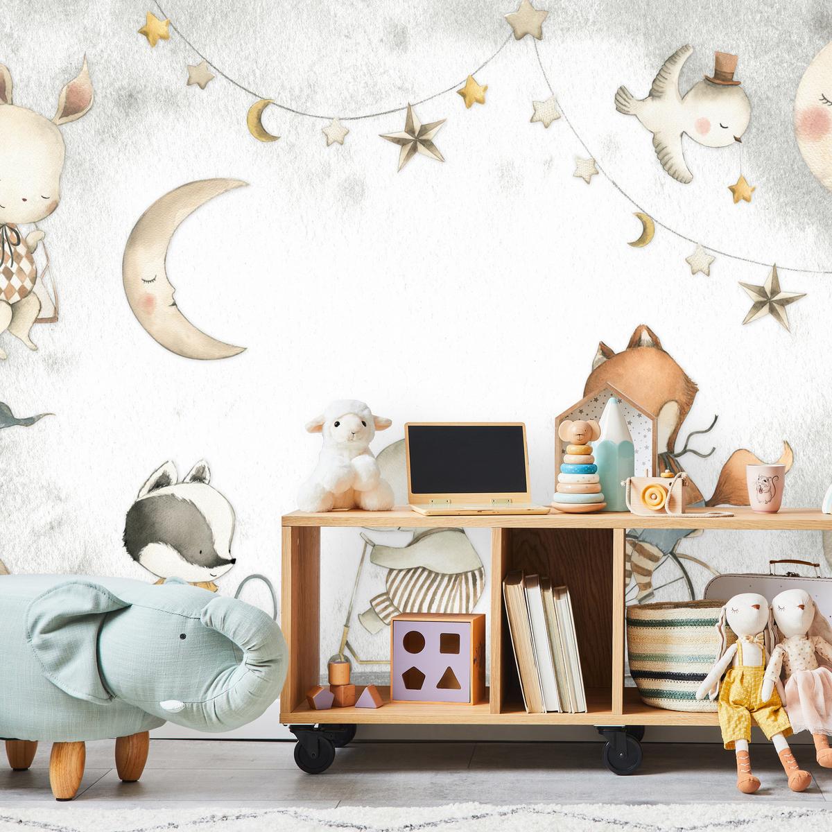 FOTOTAPETE für Kinderzimmer Zirkus Tiere Elefant Fuchs Monde Sterne 100x70 - Gelb/Beige, Papier (100/70cm) - Muralo